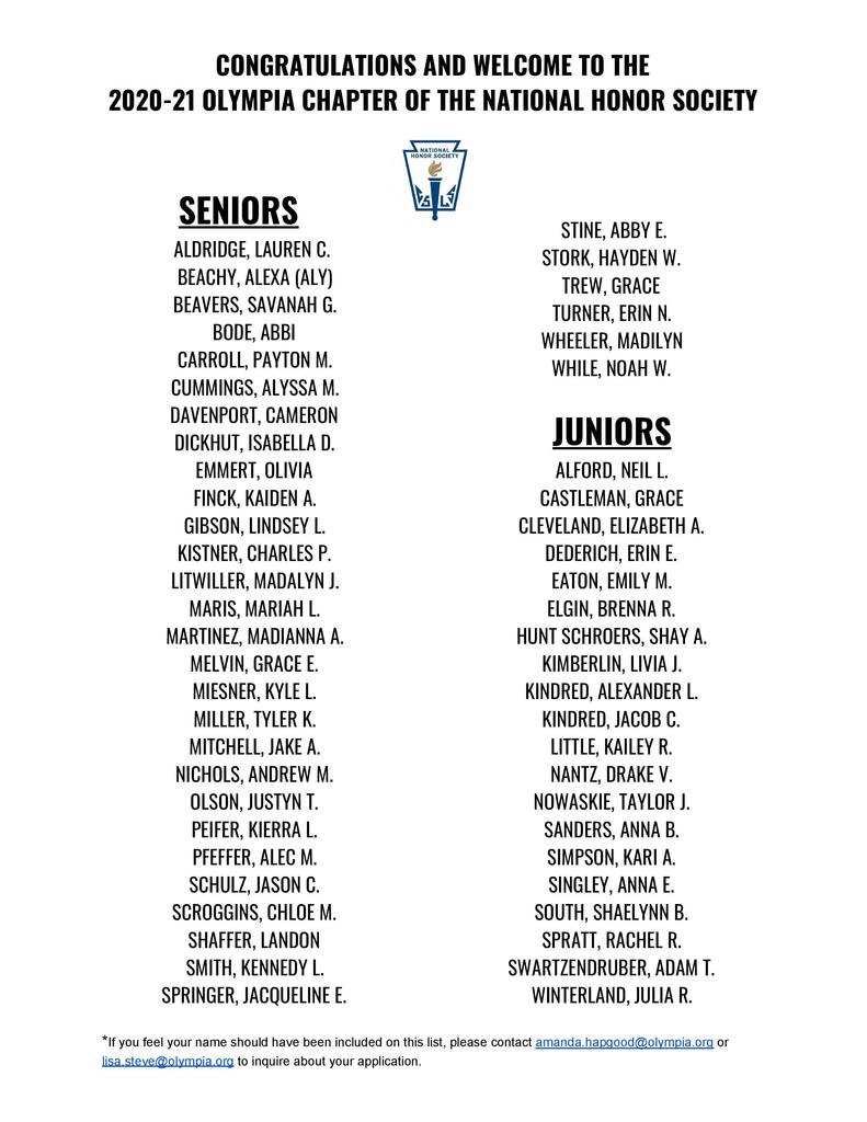 national honor society member list 2020