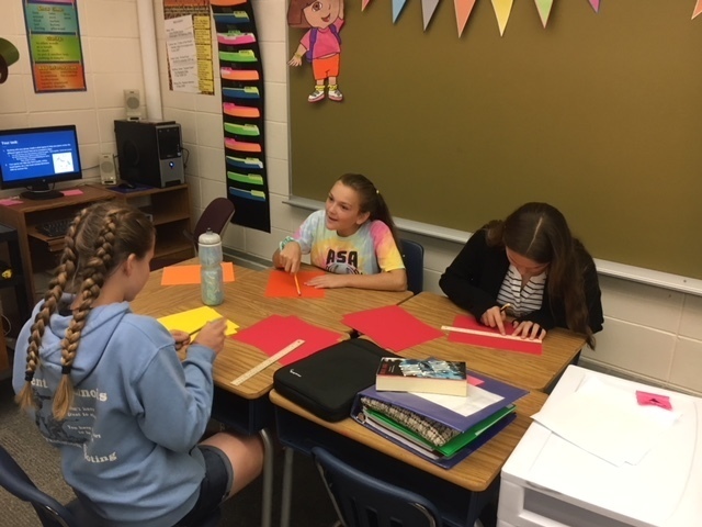 7th grade students collaborating to develop a noun review game.
